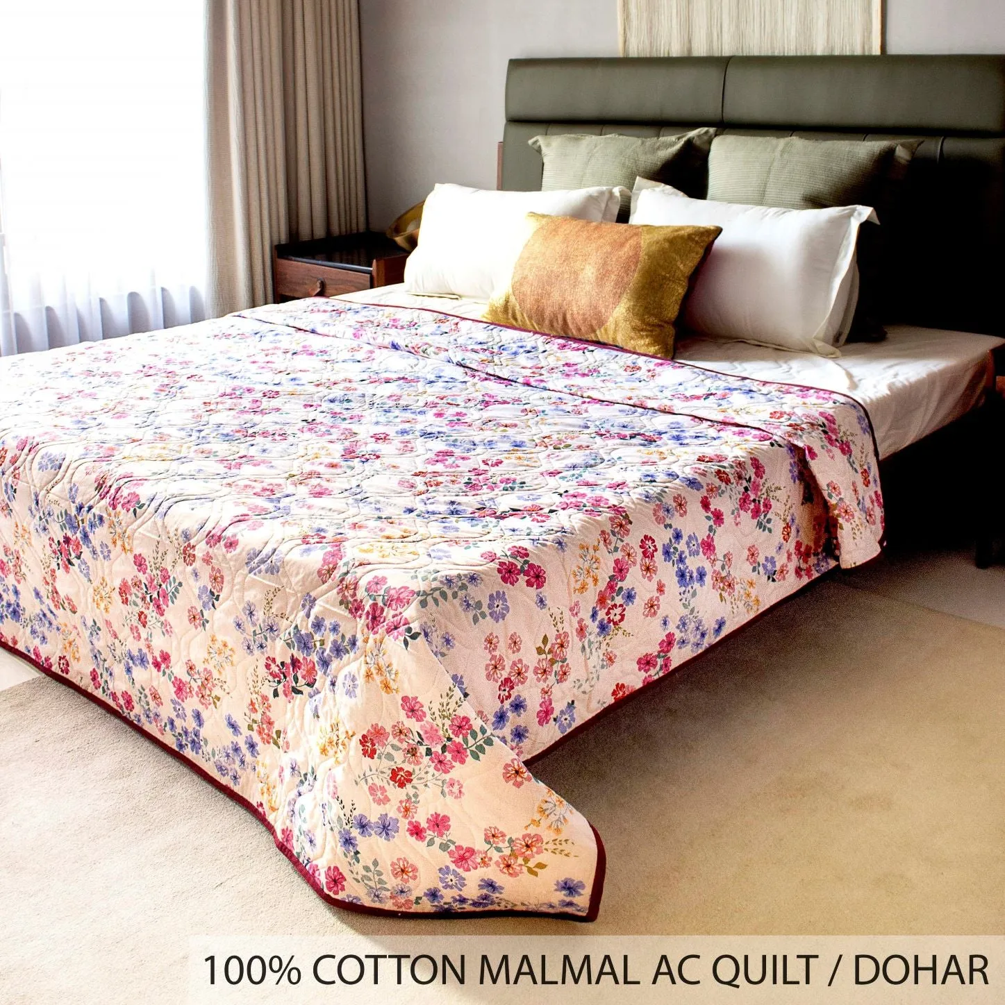 100% Malmal Cotton Blanket, Dohar, Quilt for AC and Light Winters - Pink Floral 3