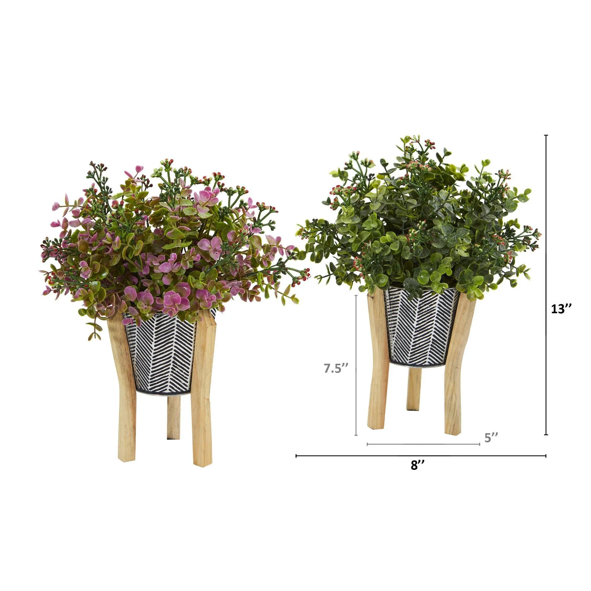 13” Eucalyptus and Sedum Artificial Plant in Tin Planter with Legs (Set of 2)