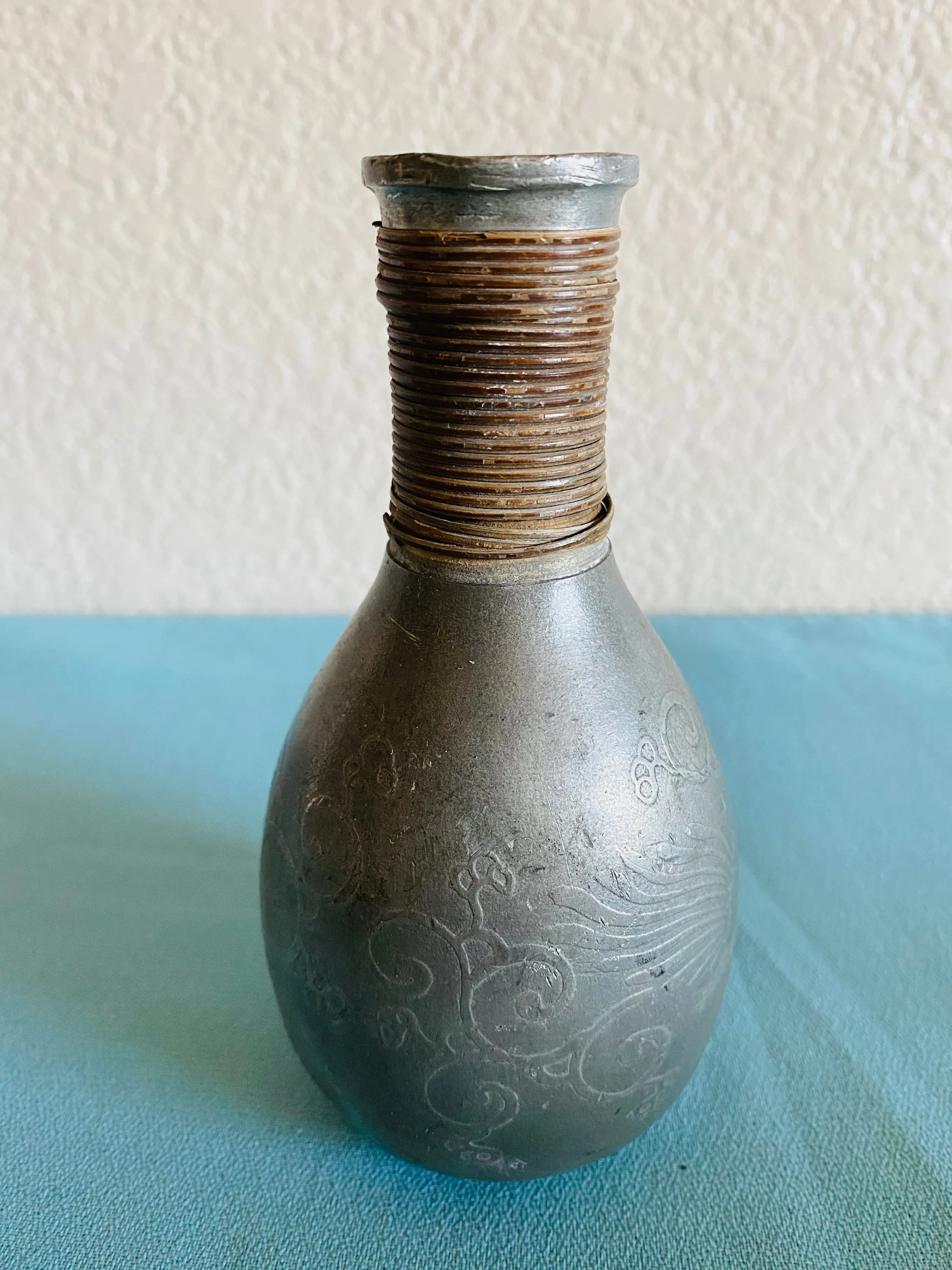 Antique Signed Silver Tone Metal Decorative Etched Bird Floral Vase