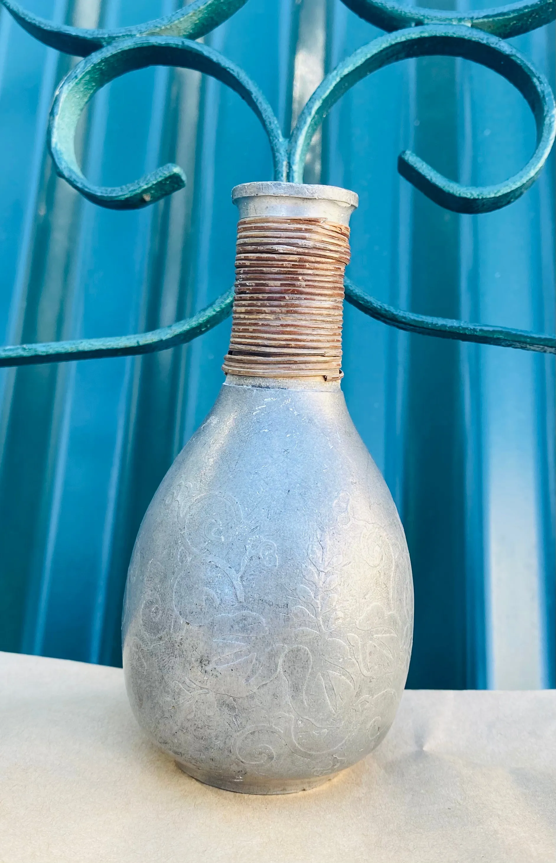 Antique Signed Silver Tone Metal Decorative Etched Bird Floral Vase