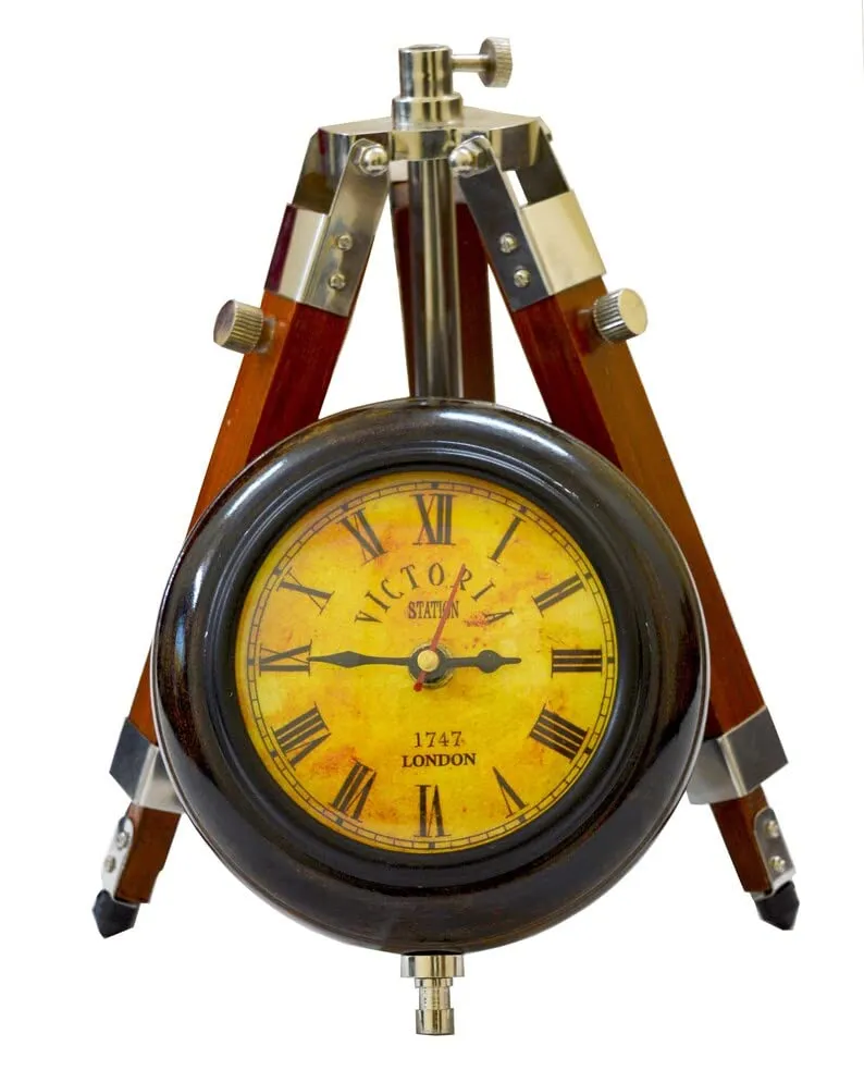 Antique Table Wooden Tripod Clock Nautical Style Maritime VICTORIYA