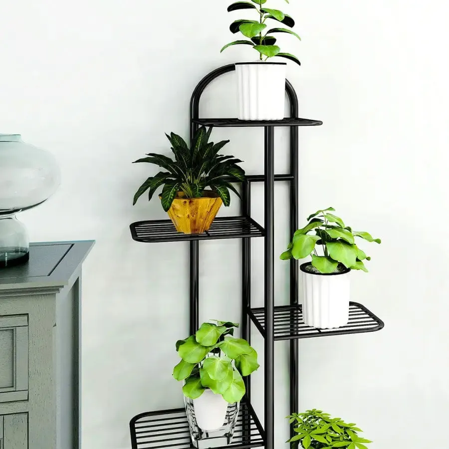 Arched 5 Tier Black Metal Plant Stand for 6 Planters