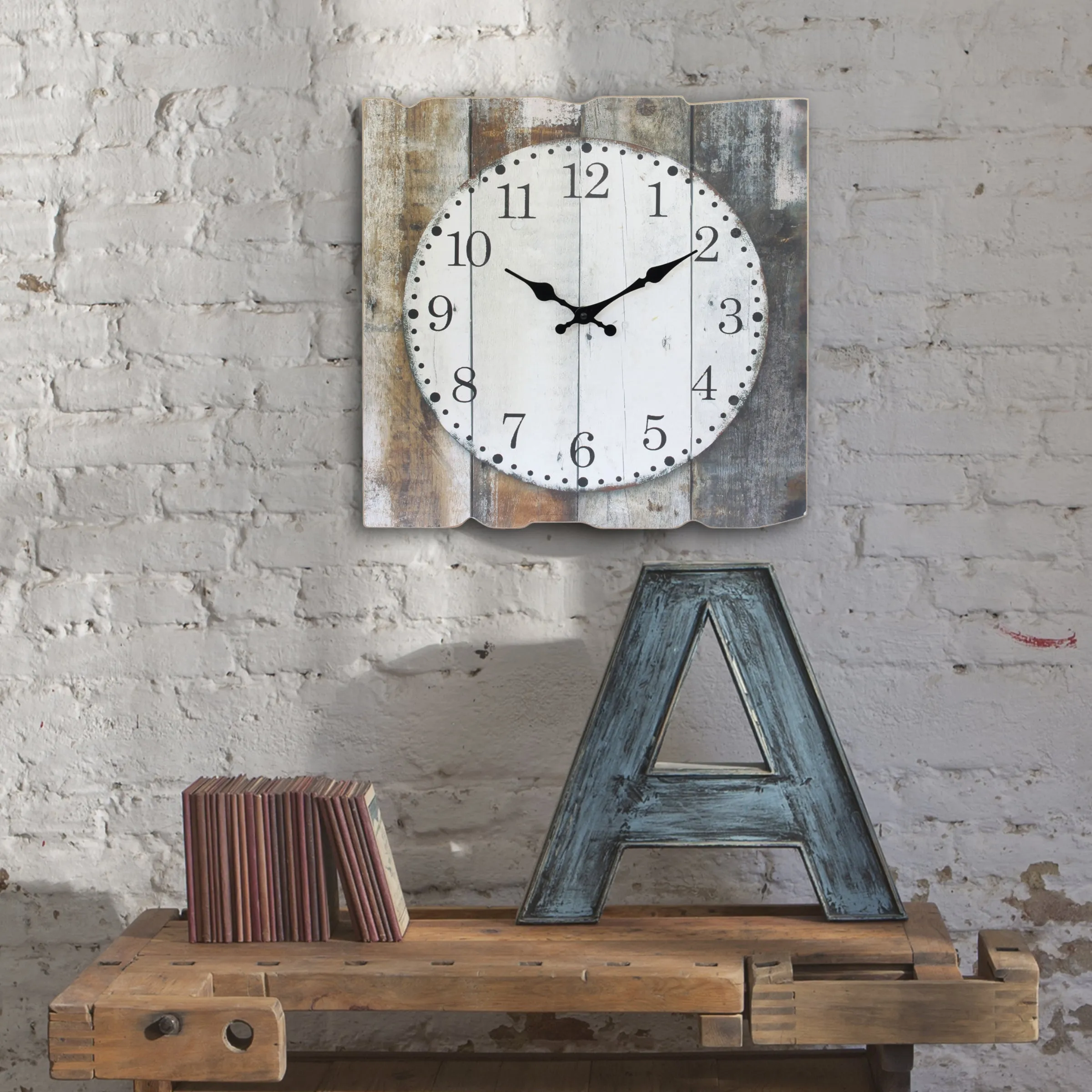 Brown & White Square Rustic Wood Wall Clock - 15 Inch