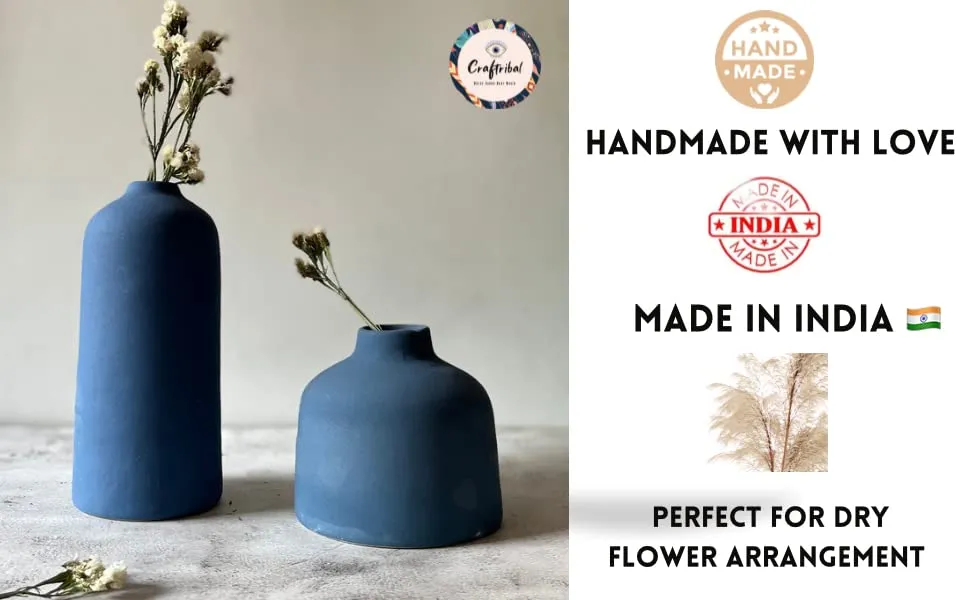 Craftribal Decorative Blue Ceramic Flower Vase | vase for home decor | living room vase | Home Decor Centrepiece, Matte Finish, 9.5 & 6 inches, (Pack of 2)