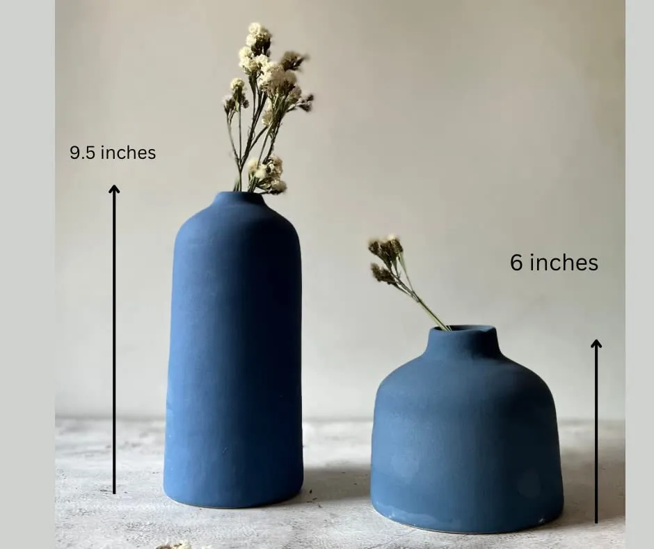 Craftribal Decorative Blue Ceramic Flower Vase | vase for home decor | living room vase | Home Decor Centrepiece, Matte Finish, 9.5 & 6 inches, (Pack of 2)