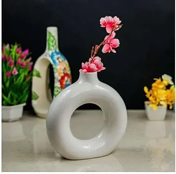 Creative Premium White Ceramic Donut Vase/Circle Round Modern Pampas Vases for Home Decor, Wedding, Dinner Table Centerpieces & Showpiece 6Inch - Set of 1