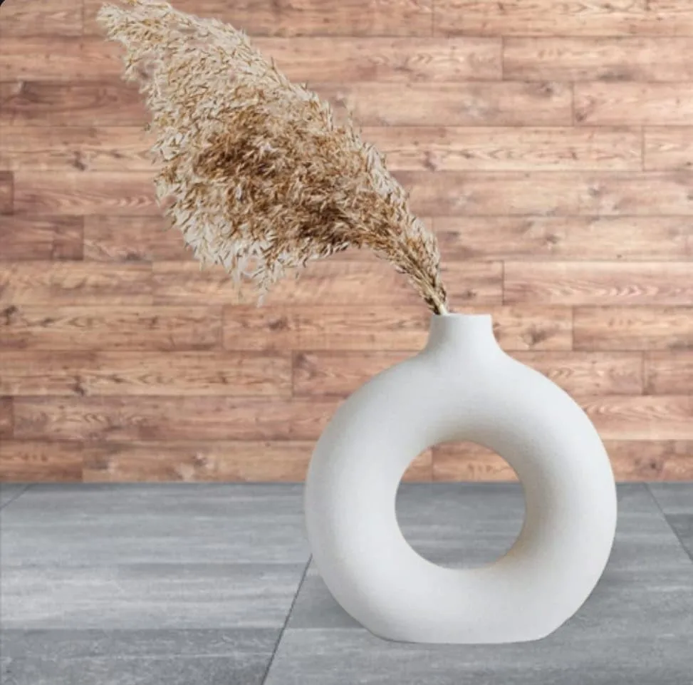 Creative Premium White Ceramic Donut Vase/Circle Round Modern Pampas Vases for Home Decor, Wedding, Dinner Table Centerpieces & Showpiece 6Inch - Set of 1