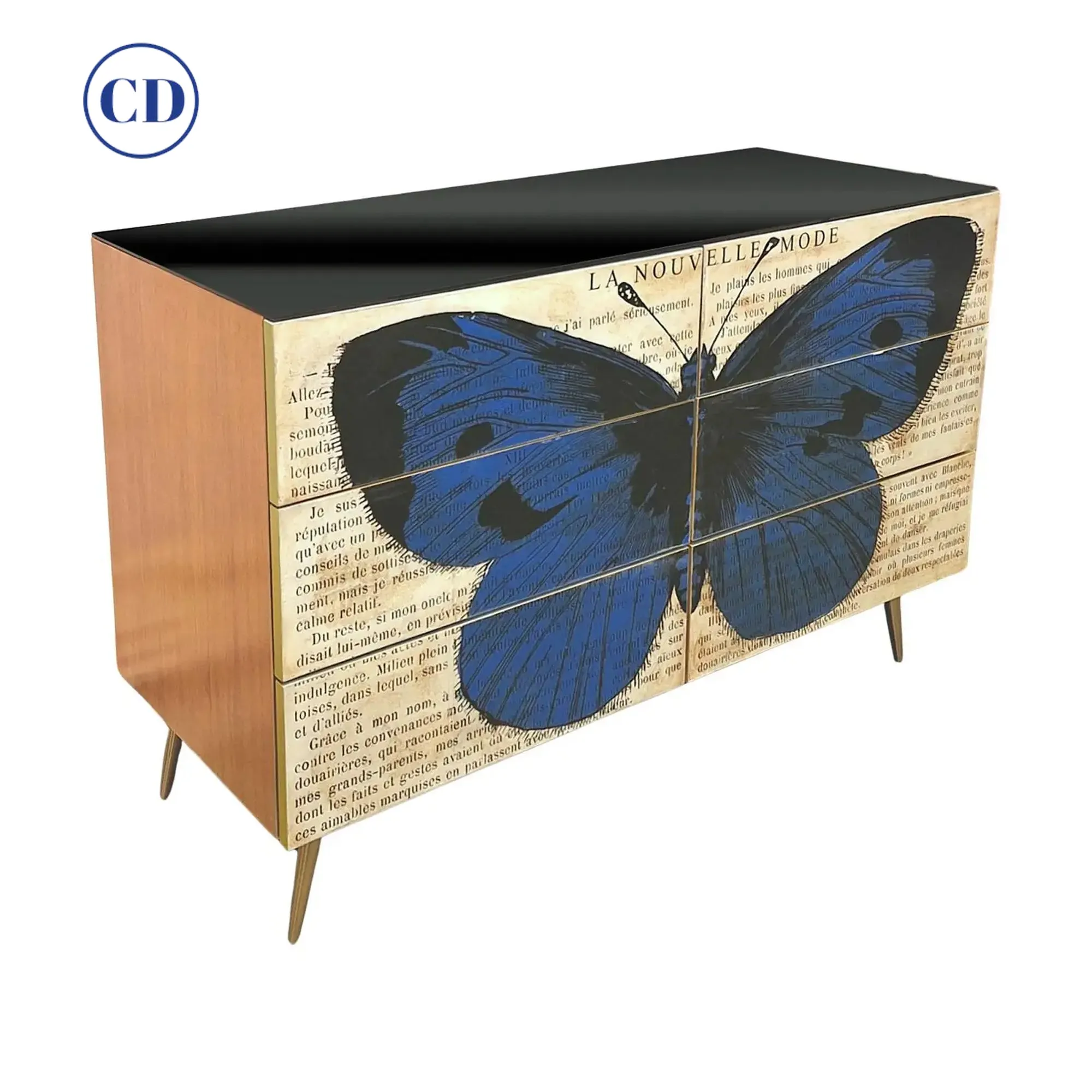 Custom Italian Printed Pop Art Black Blue Butterfly Lacquer Wood Chest/Sideboard