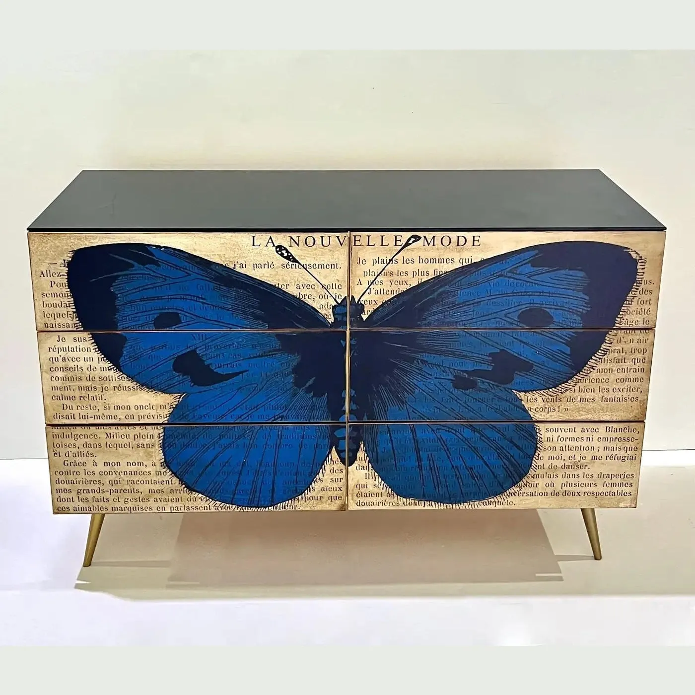 Custom Italian Printed Pop Art Black Blue Butterfly Lacquer Wood Chest/Sideboard