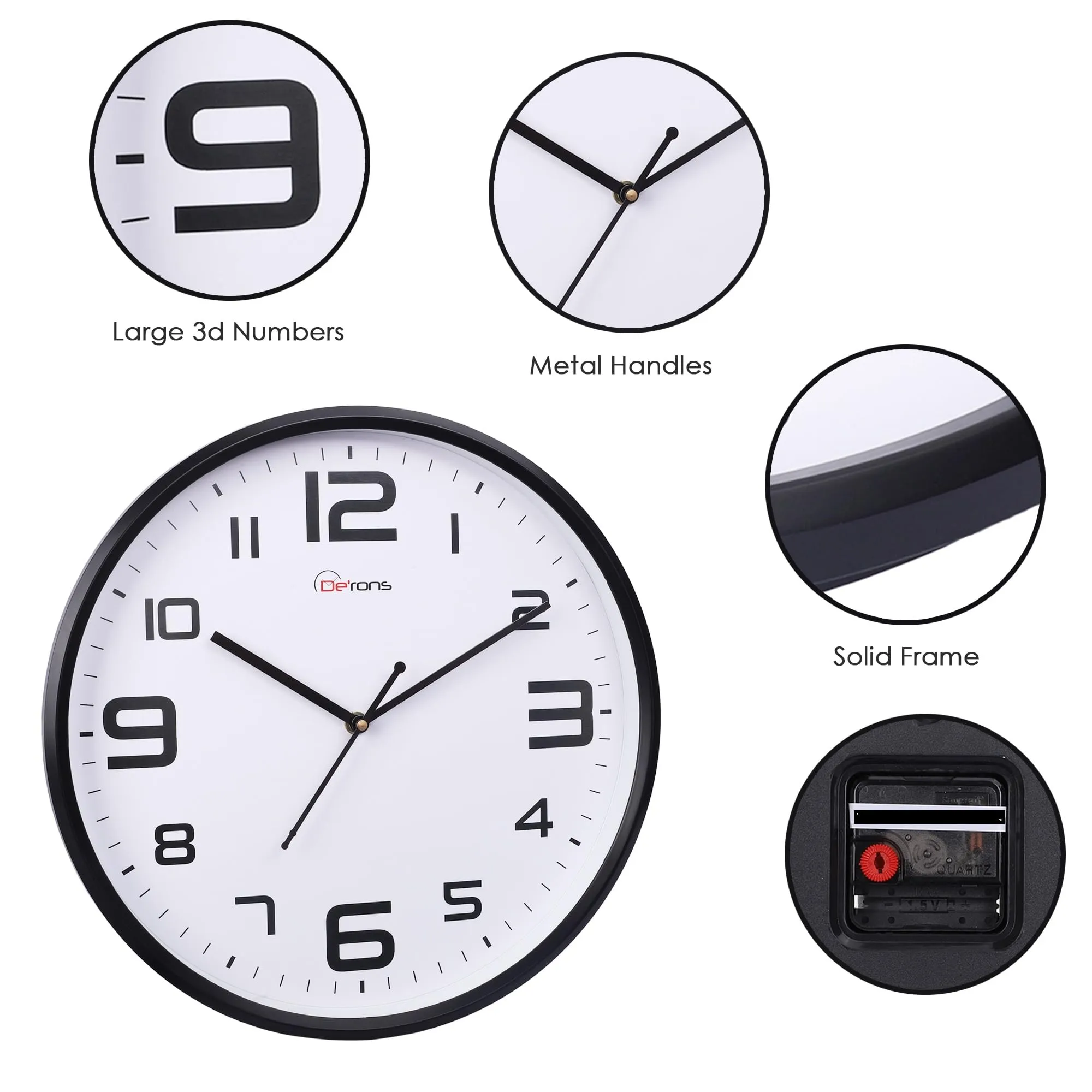 De’rons 12 Inches Step Movement Quartz Round Poster Design Plastic Wall Clock for Home Kitchen Bedroom Hall Living Room Office (DC-125BFF-White)