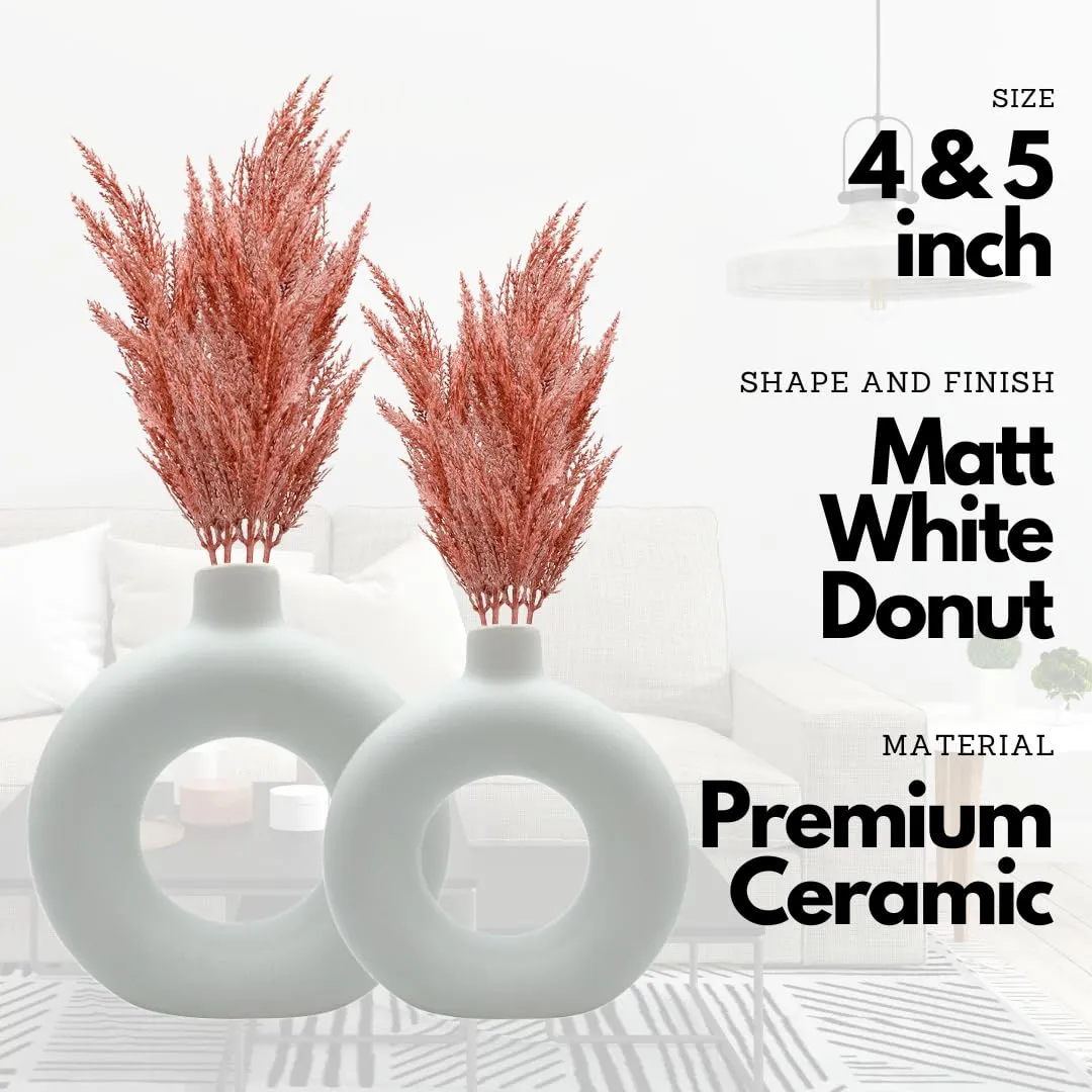 Farkraft White Vase/Flower Vase/Pampas Grass Vase/Ceramic Vase/Round Shaped Vase/Home Decor Centrepiece/Decor Showpiece Donut Vase 4 & 5 Inches (Pack of 2)