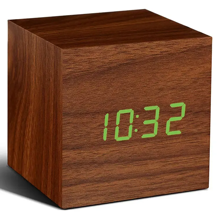 Gingko Walnut Cube Digital Click Clock/Green LED Alarm Clock GK08G8