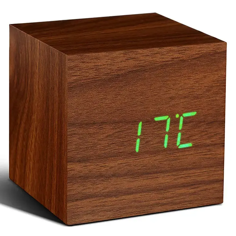 Gingko Walnut Cube Digital Click Clock/Green LED Alarm Clock GK08G8