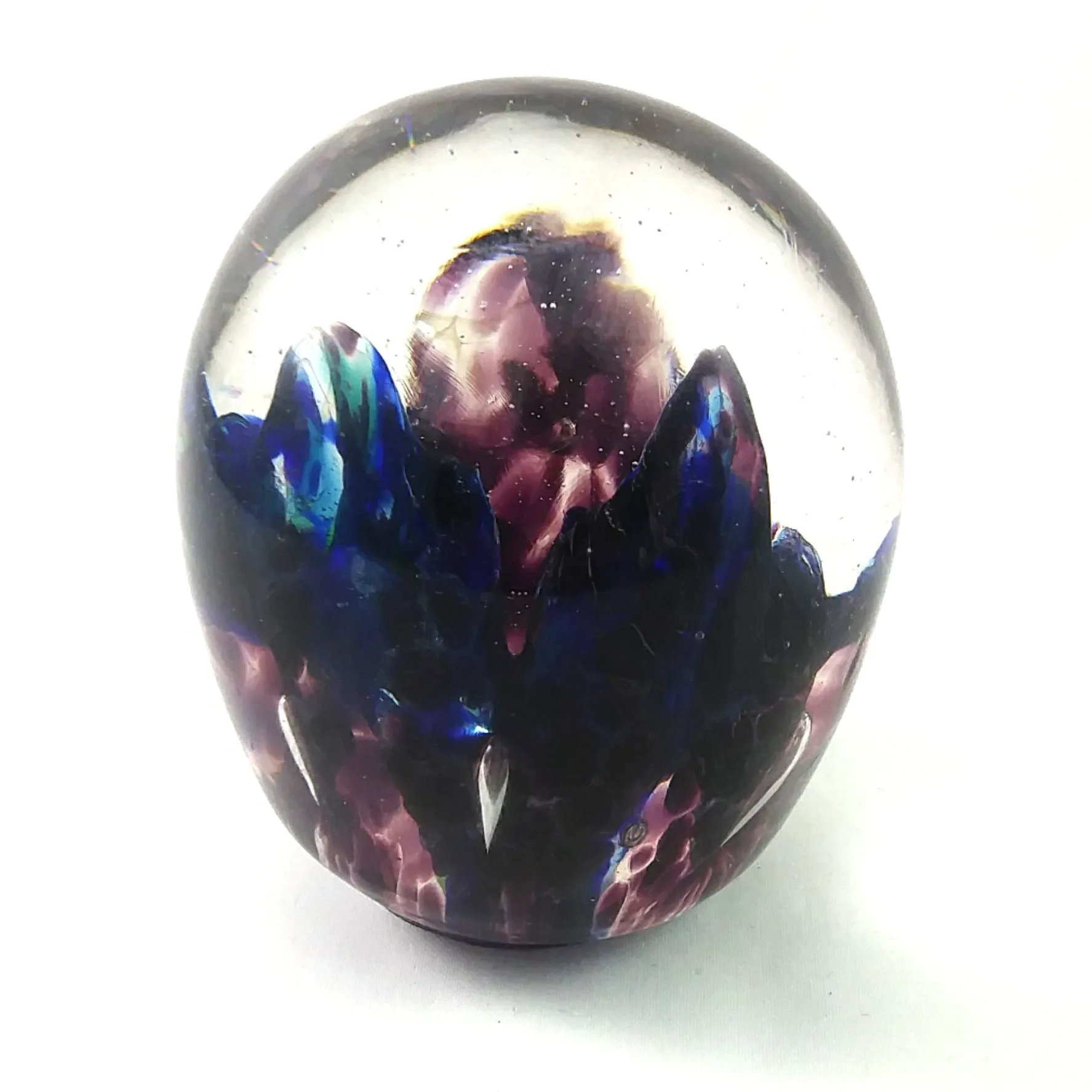 Handmade Art Glass Easter Egg Flower Paperweight, Purple and Blue, Large