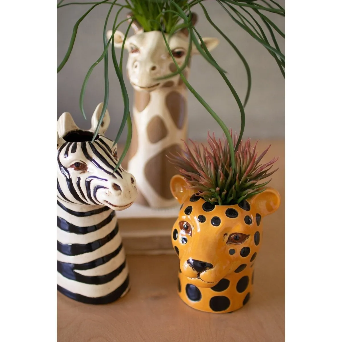 Kalalou - SET OF THREE CERAMIC SAFARI ANIMAL SUCCULENT HOLDERS - CDV2088