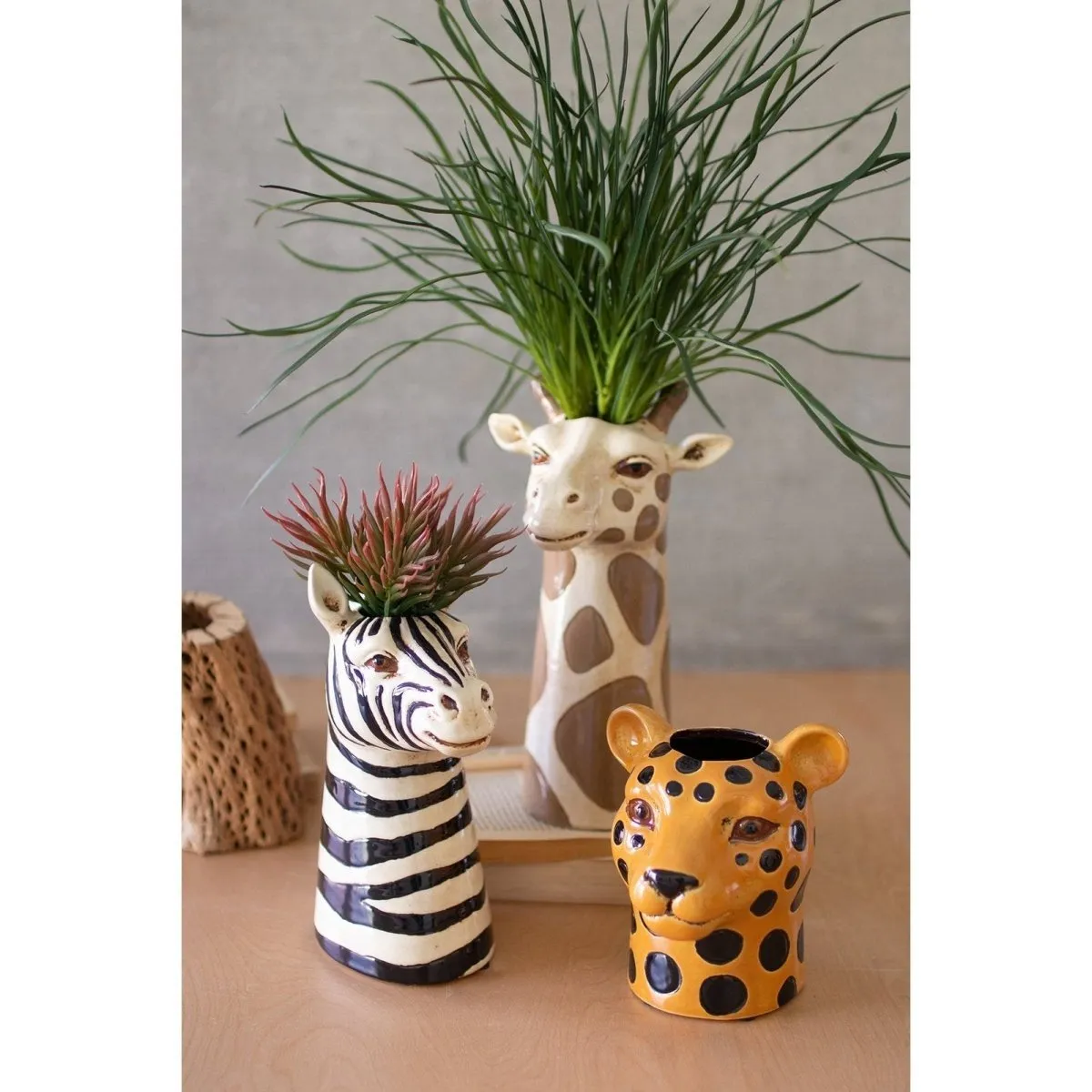 Kalalou - SET OF THREE CERAMIC SAFARI ANIMAL SUCCULENT HOLDERS - CDV2088