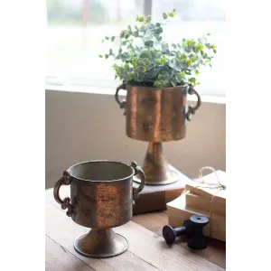 Kalalou - SET OF TWO ANTIQUE COPPER FINISH PLANTERS WITH HANDLES - CMNQ1088