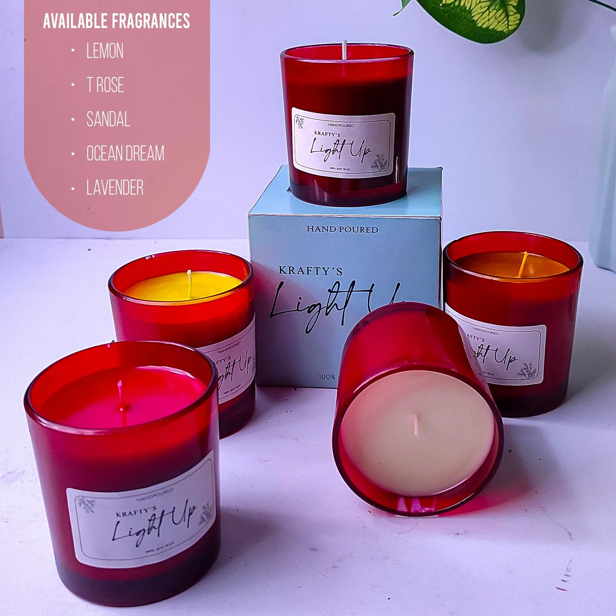 Krafty's Light Up Smoke-Less Ocean Dream Scented Red Colour Candle Jar 150gm, 100-120 Hrs | 100% Soy Wax | Scented Candle for Home Decor | Scented Candles Gift Set| Soy Wax Candles