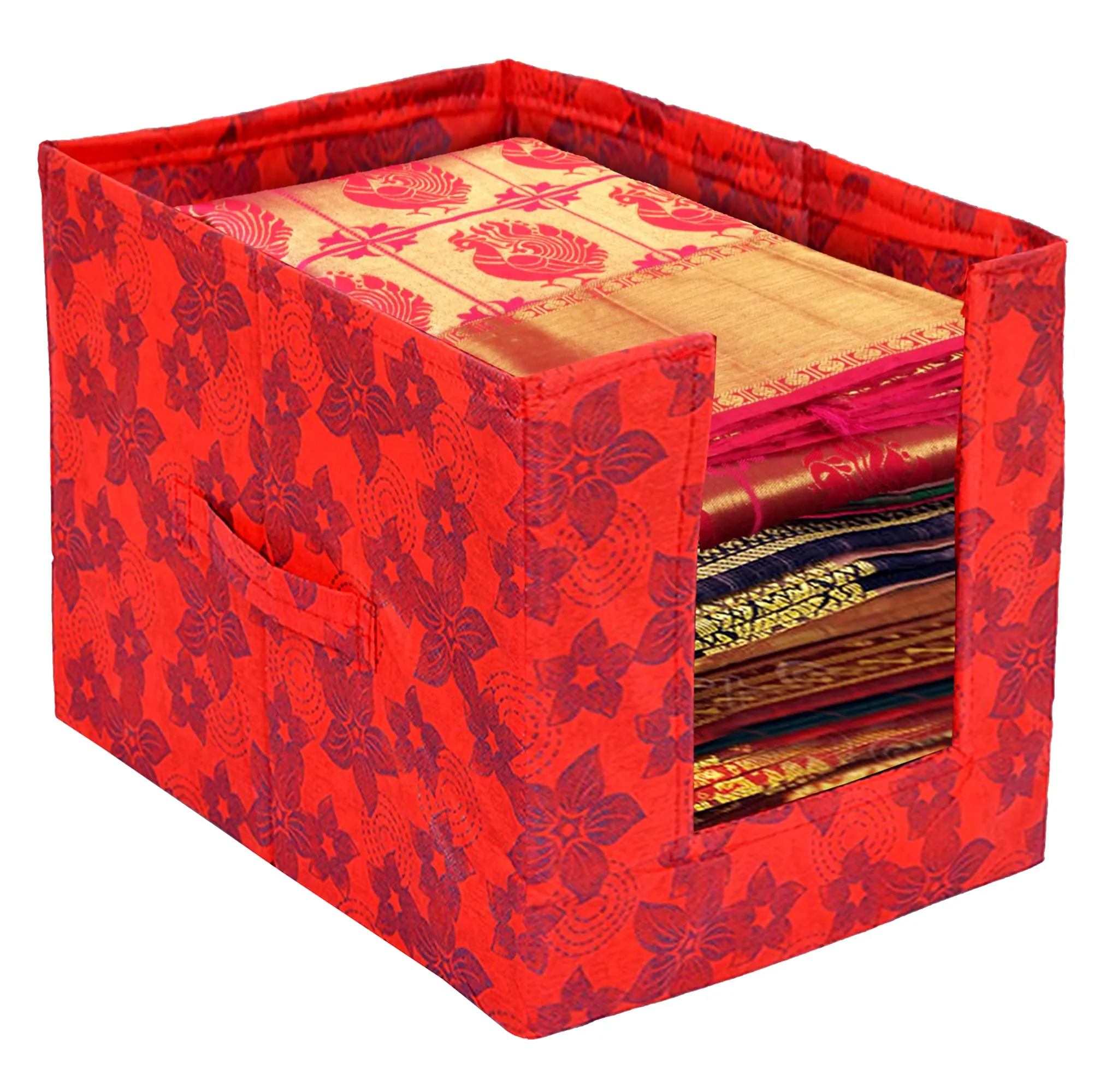 Kuber Industries Saree Organizer for Wardrobe/Closet Storage Box and Clothing Organiser for Women Clothes With Metalic Flower Print- Pack of 2 (Red)