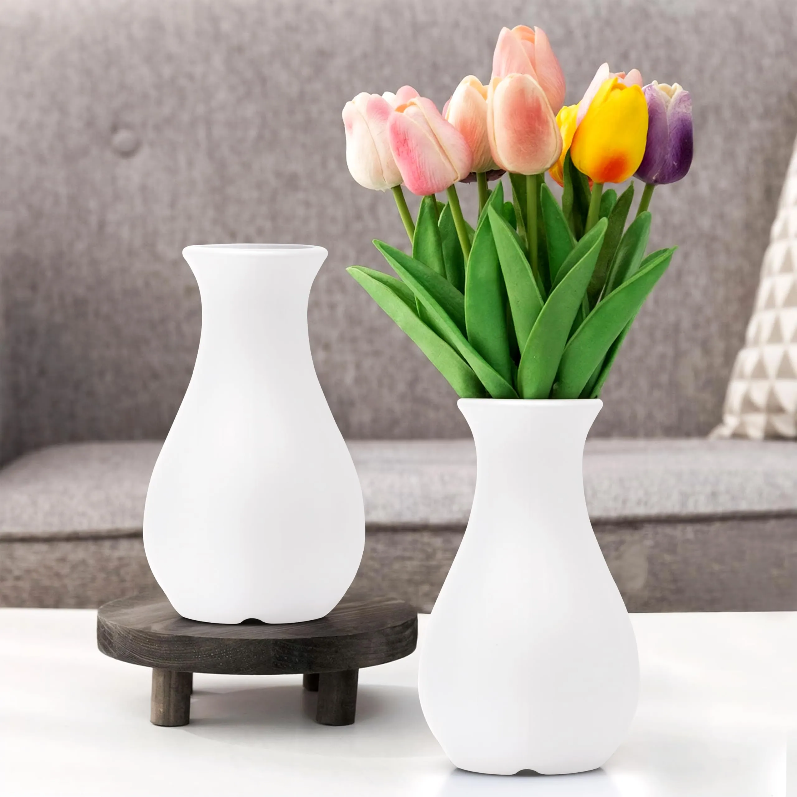 Livzing 5.9 inch Plastic Flower Vase for Home Decor Cone Shaped Modern Vase Center Table Decorative Flower Pot for Living Room Bedroom Office (Pack of 2, White)