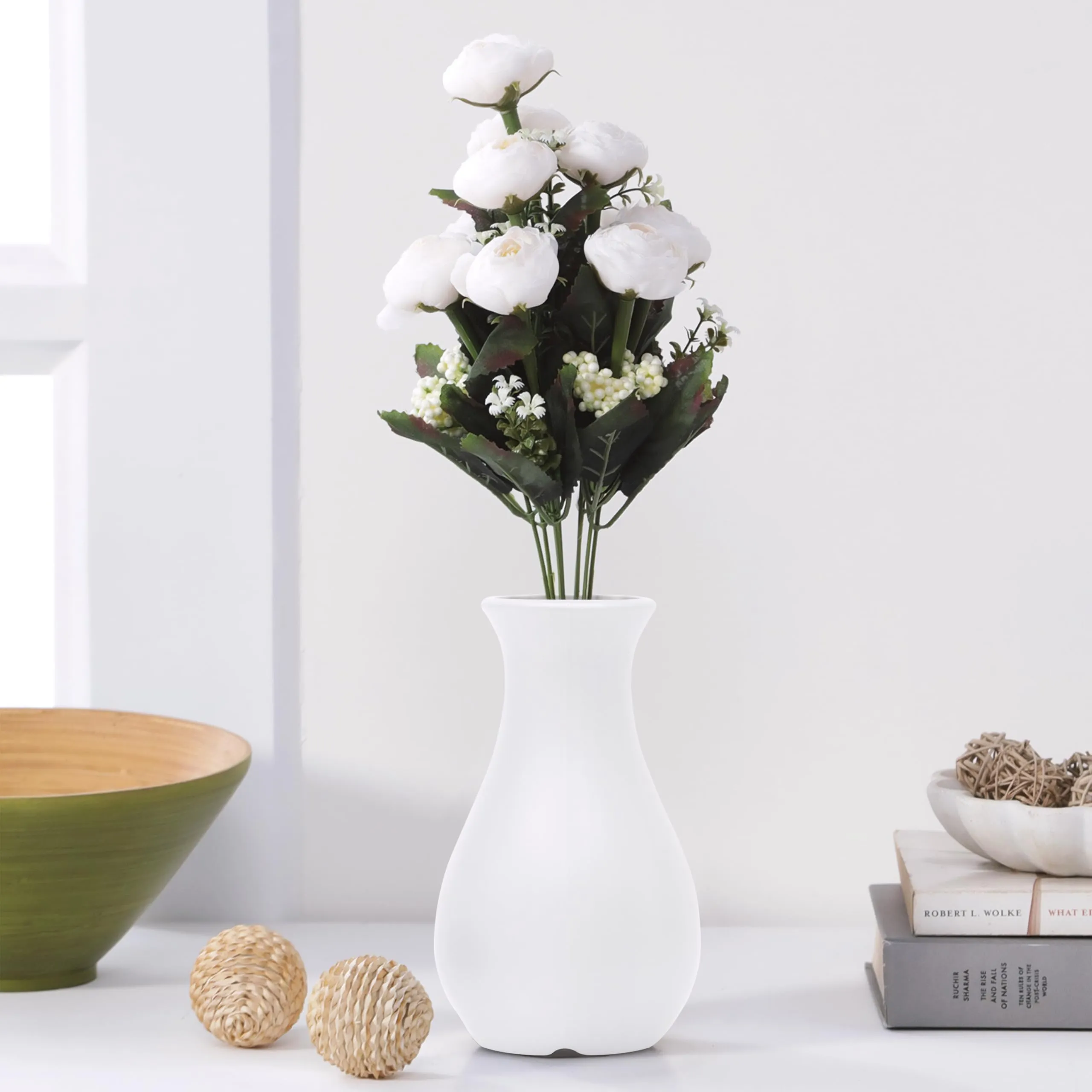 Livzing 5.9 inch Plastic Flower Vase for Home Decor Cone Shaped Modern Vase Center Table Decorative Flower Pot for Living Room Bedroom Office (Pack of 2, White)