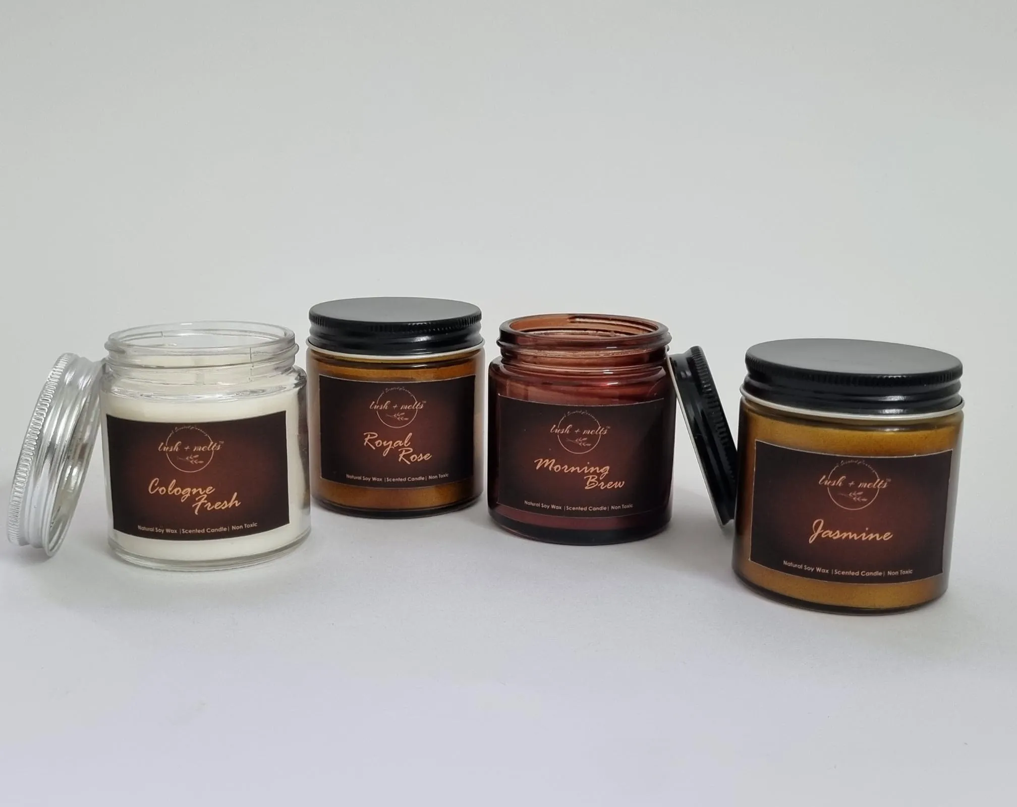 Lush & Melts Plant Based Soy Wax Candle Set | 4 X 100g Each | Premium Scented Candles | 100% Vegan | Candles for Home Decor | Candles for Gifting | Long Lasting Aroma Candles