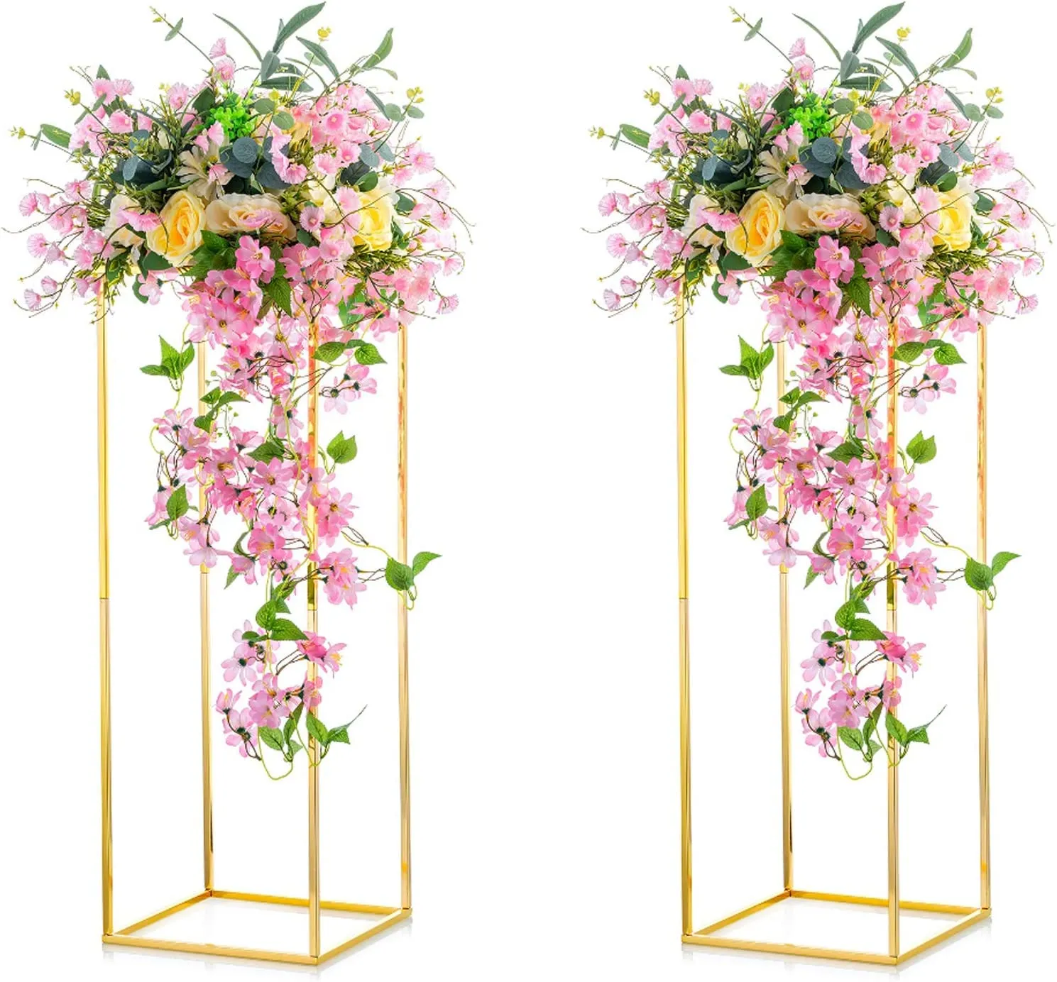 New Mark Impex Pack of 2 Gold Colour Without Flower vases for Wedding Centerpiece Tables, Metal Flower Floor vase Column, Flower Stand, 40 cm high Geometric Flower vase, Square Shape.