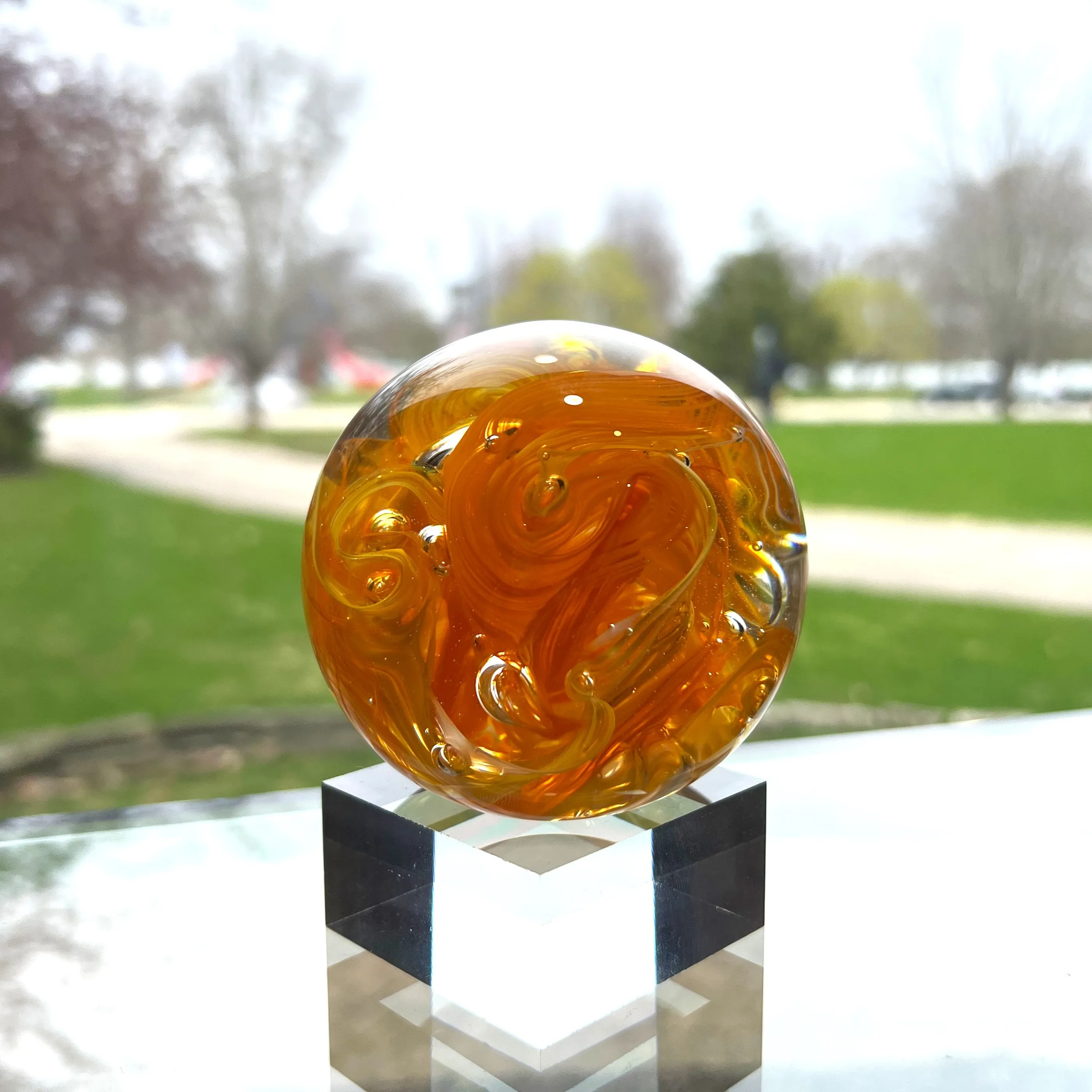 Orange Chaos Paperweight by Boise Art Glass