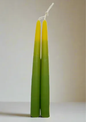 Pair of beeswax dipped yellow and green candles (OL)