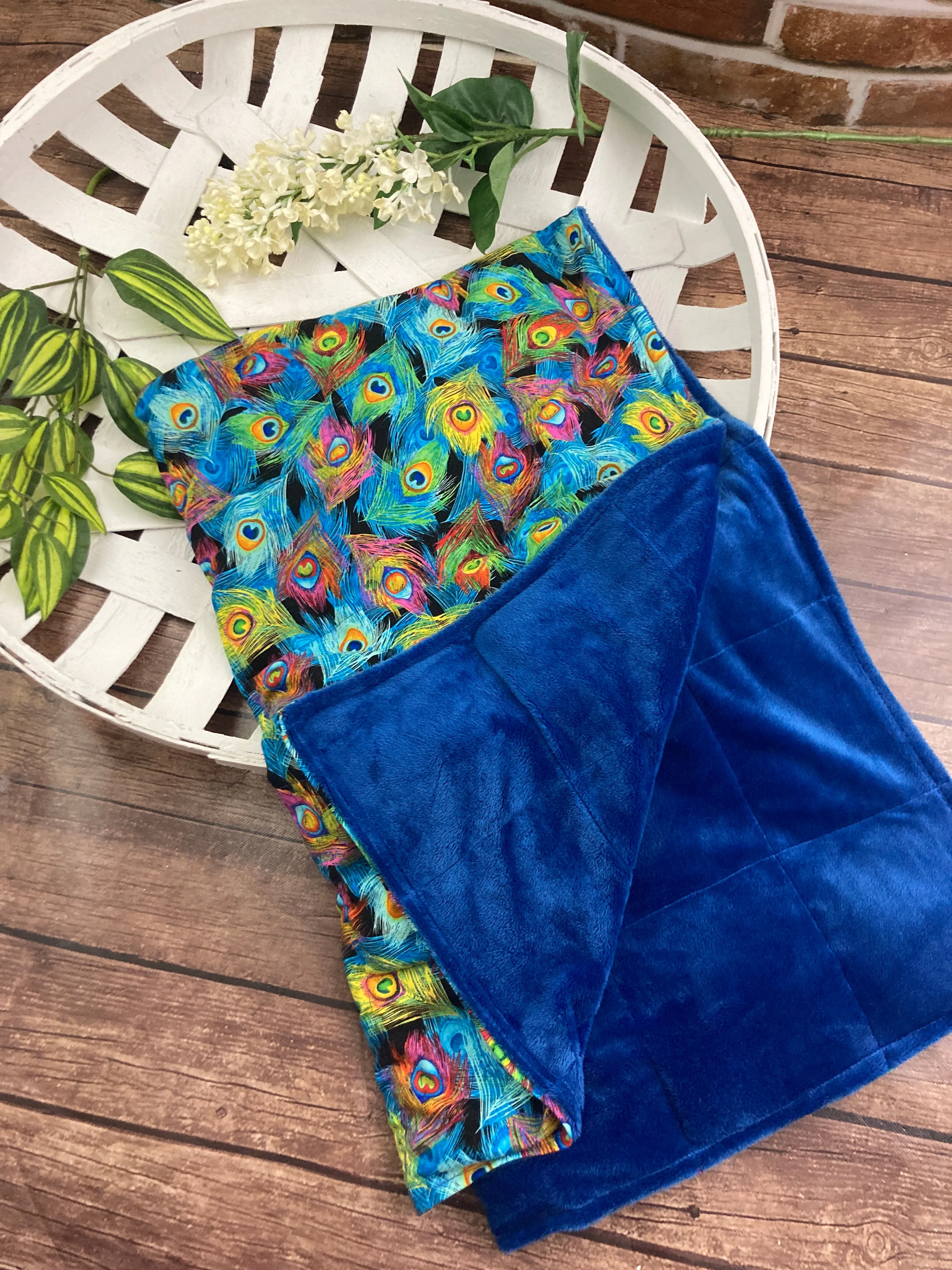 Peacock Feathers Weighted Blanket or Lap Pad Cotton Fabric - Toddler, Child, Teen, Adult -Dot Minky - Anxiety, Sleep.