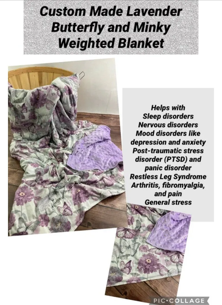 Purple Watercolor Butterflies and Floral Weighted Blanket or Lap Pad Cotton Fabric - Toddler, Child, Teen, Adult -Dot Minky - Anxiety, Sleep.