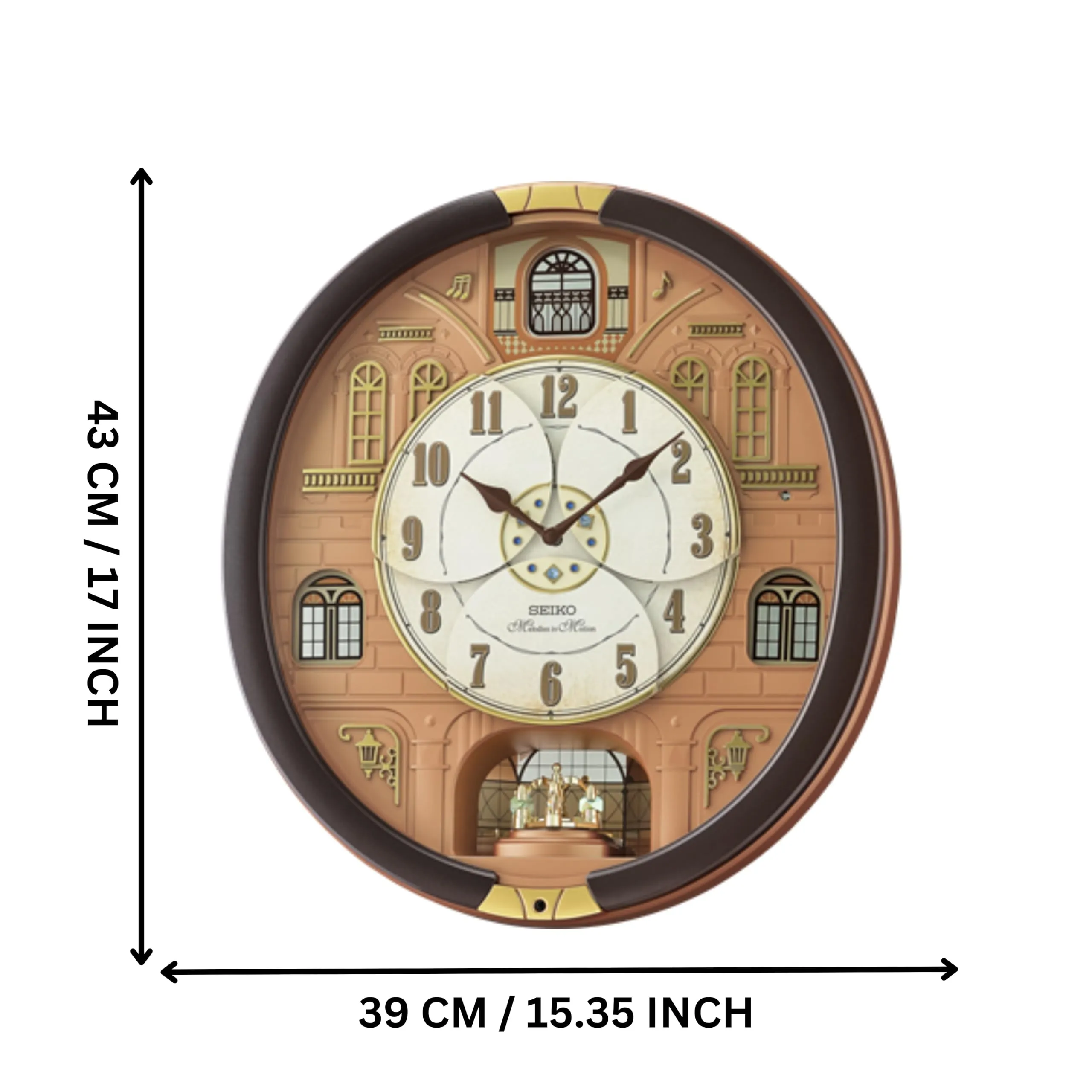 SEIKO Decorative Melodies in Motion Chime Metallic Dark Brown Oval Plastic Home Decor Analog Musical Wall Clock with One Way Rotating Showpiece (Size: 39 x 9.5 x 43.5 CM | Weight: 2330 Gram) QXM601BT