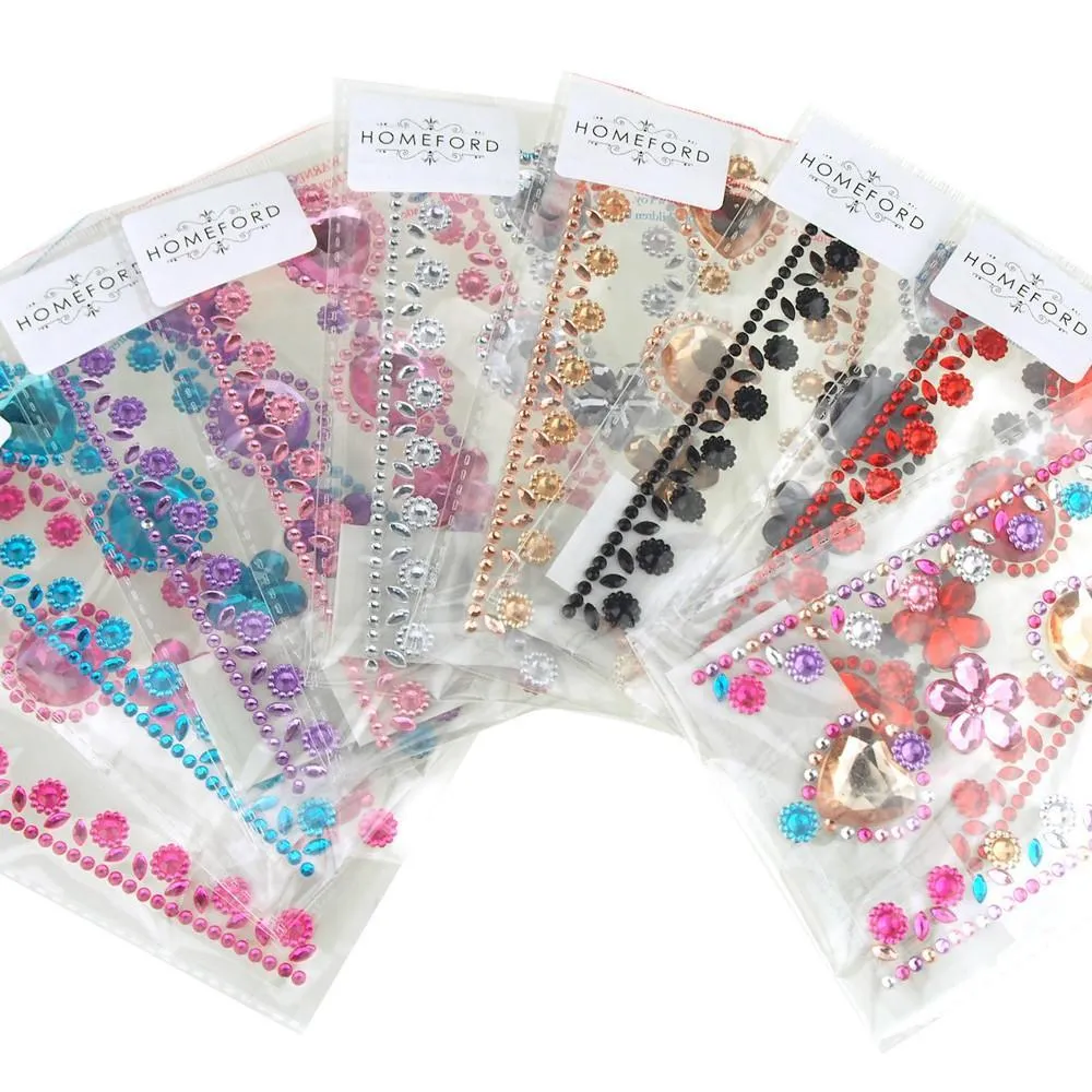 Self-Adhesive Rhinestone Stickers, Circle/Flower/Hearts, 6-count