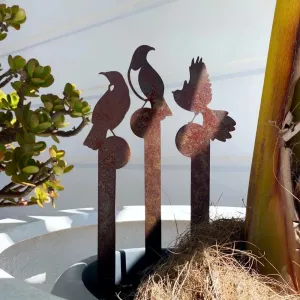 Set of 3 Mini Bird Plant Stakes - Corten