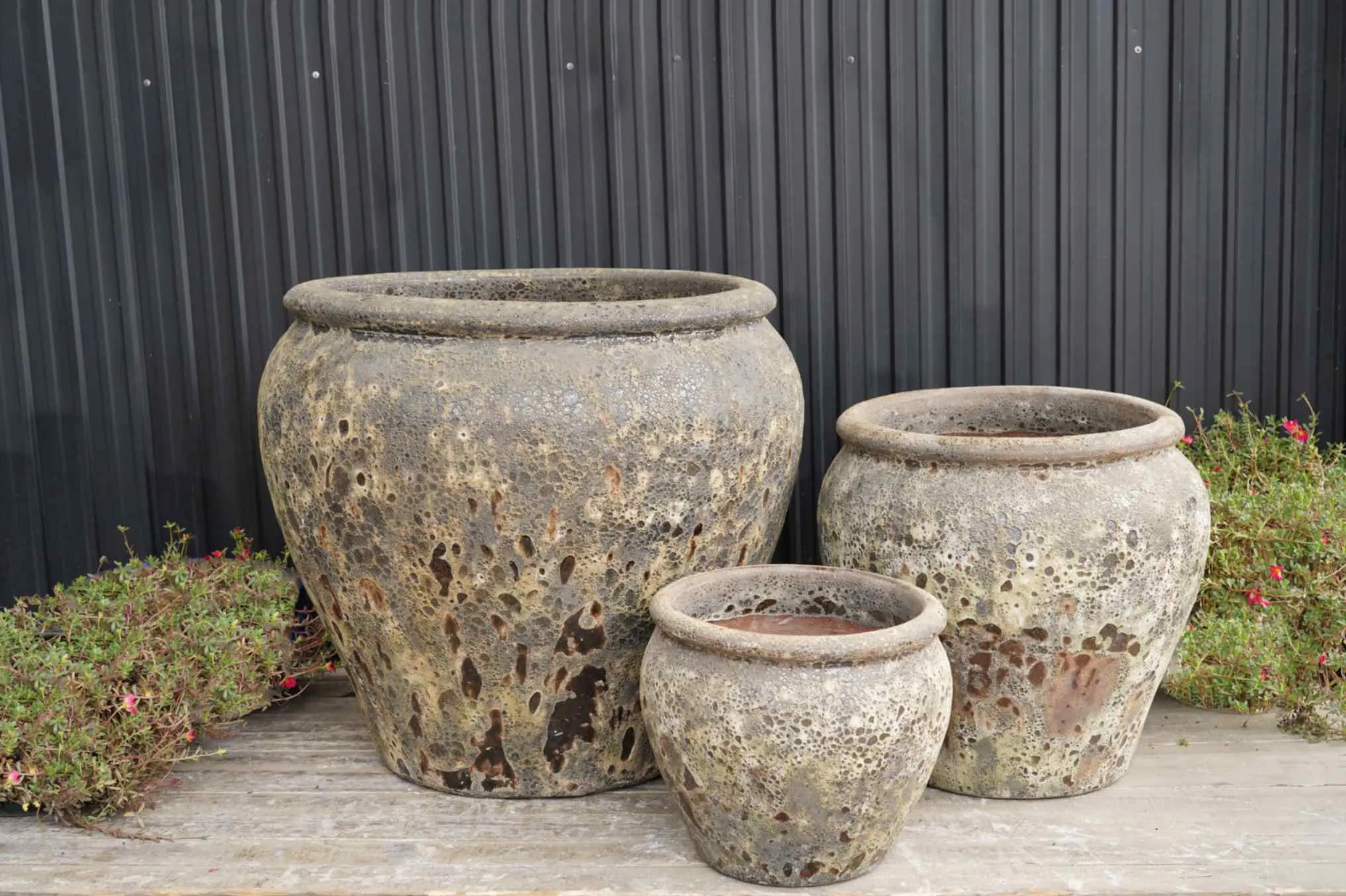 Sunset Yellow Rustic Stone Finish Ceramic Planters - Ancient Style Outdoor Pots (set of 3)