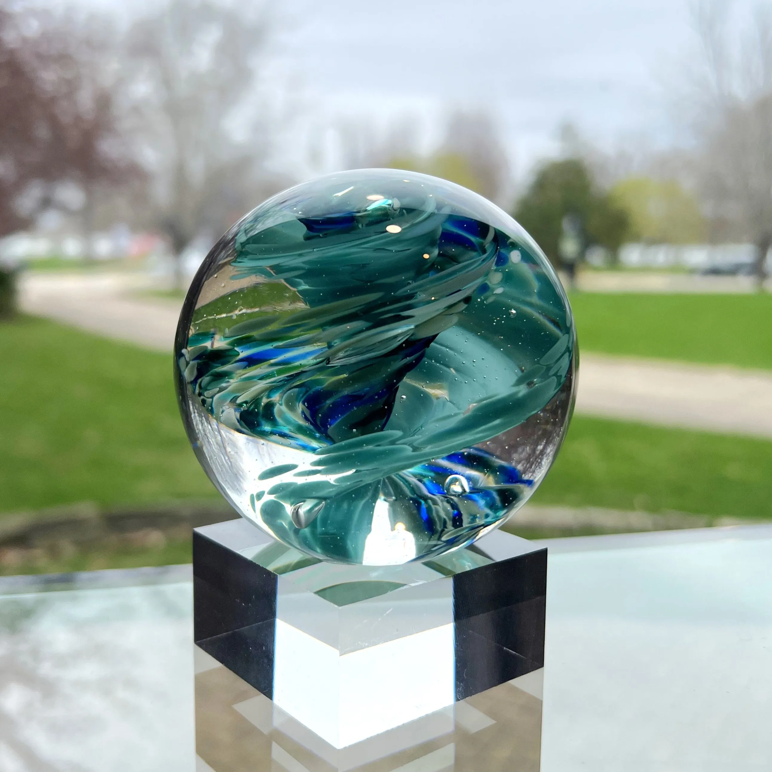 Teal Twist Paperweight by Boise Art Glass