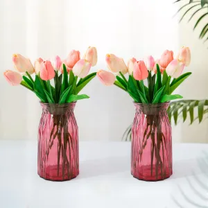 The Better Home Glass Vase for Home Decor (2Pcs- 20cm) |Center Table Decorative Items| Flower Vases for Home Decor| Dining Table Decorative Items| Transparent Flower Vase for Living Room, Office, Red