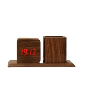 The Procure Store Wooden Digital Clock with Pen Holder- Brown