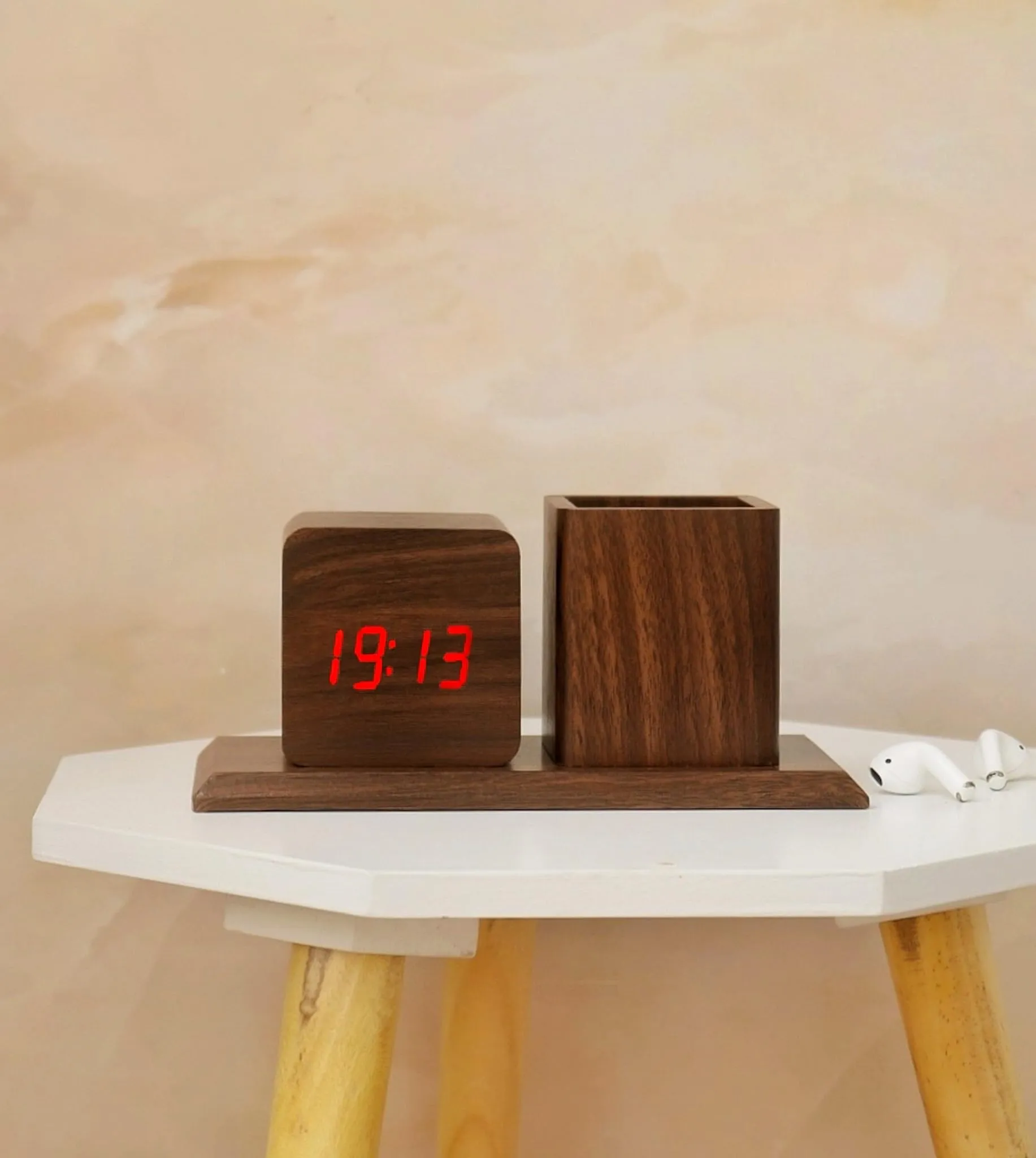 The Procure Store Wooden Digital Clock with Pen Holder- Brown