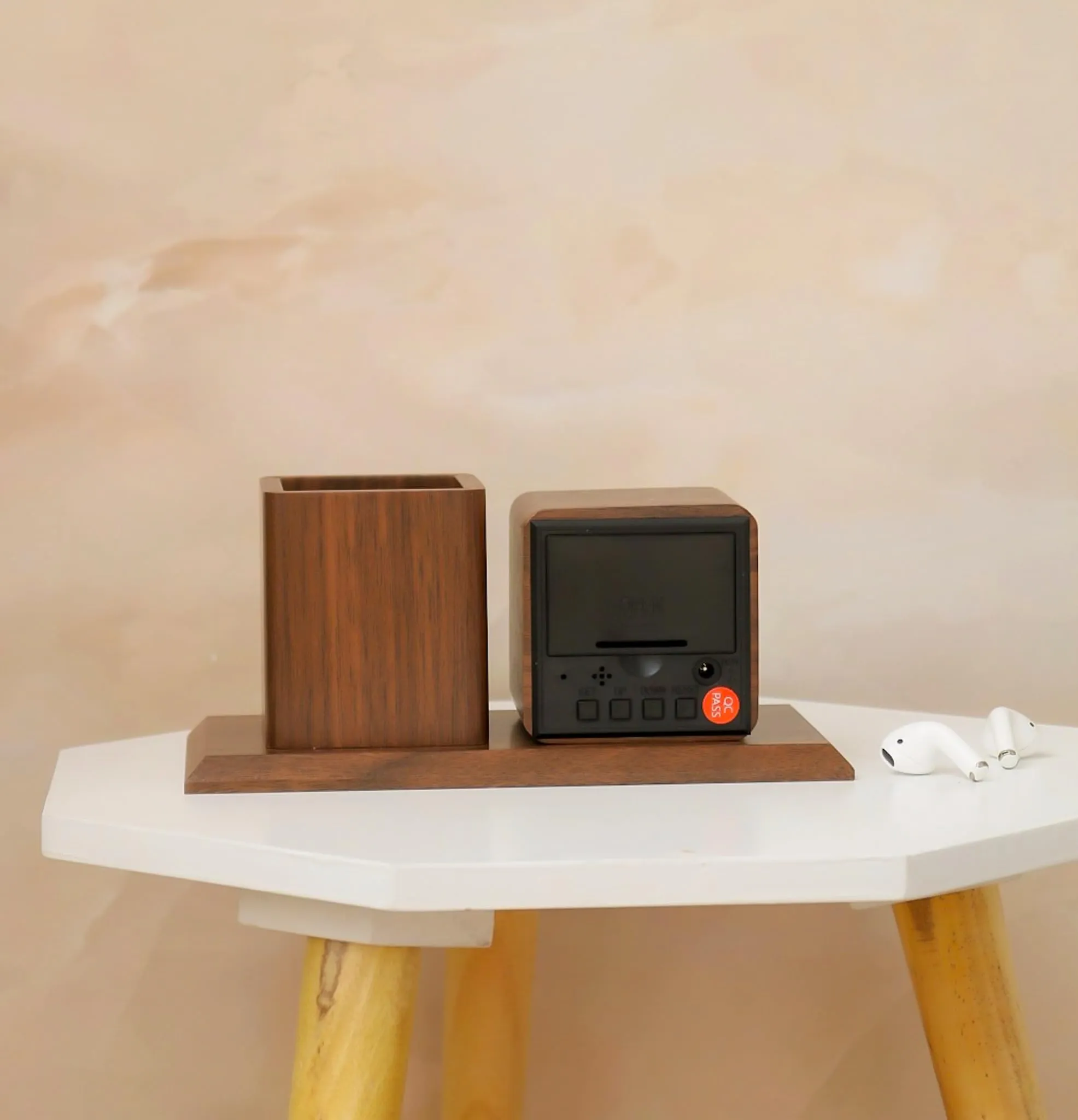 The Procure Store Wooden Digital Clock with Pen Holder- Brown