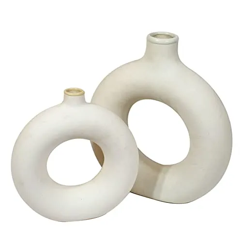 TIED RIBBONS Decorative Donut Vase Set of 2 (White, 8.5 & 6 Inches) for Flowers Plants Pampas Grass Home Decor Living Room Bedroom Office Center Round Ceramic Vases Table Decoration Item