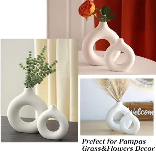 TIED RIBBONS Decorative Donut Vase Set of 2 (White, 8.5 & 6 Inches) for Flowers Plants Pampas Grass Home Decor Living Room Bedroom Office Center Round Ceramic Vases Table Decoration Item