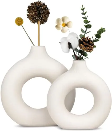 TIED RIBBONS Decorative Donut Vase Set of 2 (White, 8.5 & 6 Inches) for Flowers Plants Pampas Grass Home Decor Living Room Bedroom Office Center Round Ceramic Vases Table Decoration Item