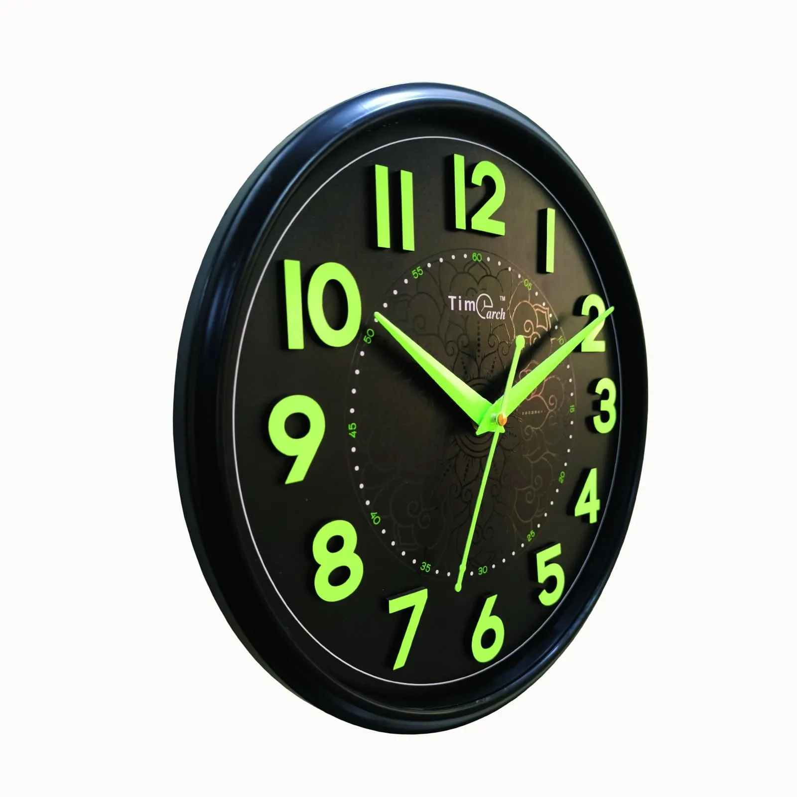 Timearch Black Night Glow Curved Glass Quartz Wall Clock (25 Cm X 25 Cm) - Analog