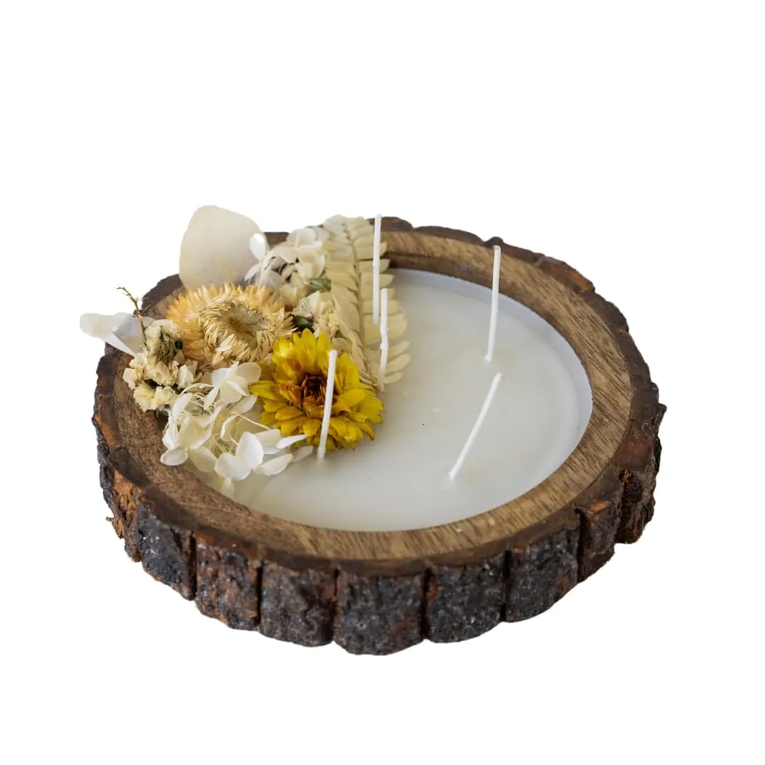 Wooden Log Round Aroma Filter Natural Flower Topping Candles with 220 Grams Wax Pack of 1 (Coconut)