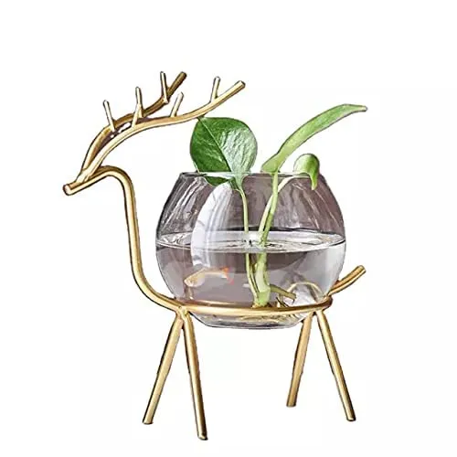 World Fire Glass Planter Holder Deer |Glass Pot| Glass Flower Pot| Glass Flower Round Vase Handmade for For Home Decor Round Shape Center Table Bedroom Living Room And Office Decoration (Set of 2) (Gold)