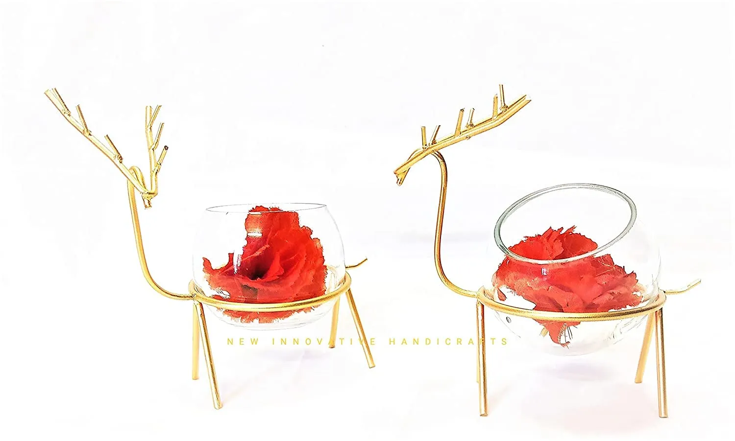 World Fire Glass Planter Holder Deer |Glass Pot| Glass Flower Pot| Glass Flower Round Vase Handmade for For Home Decor Round Shape Center Table Bedroom Living Room And Office Decoration (Set of 2) (Gold)