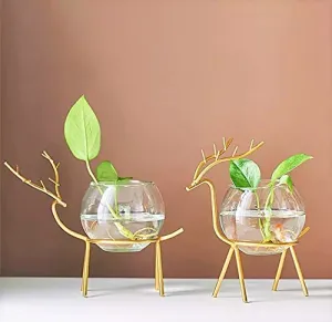 World Fire Glass Planter Holder Deer |Glass Pot| Glass Flower Pot| Glass Flower Round Vase Handmade for For Home Decor Round Shape Center Table Bedroom Living Room And Office Decoration (Set of 2) (Gold)