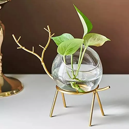 World Fire Glass Planter Holder Deer |Glass Pot| Glass Flower Pot| Glass Flower Round Vase Handmade for For Home Decor Round Shape Center Table Bedroom Living Room And Office Decoration (Set of 2) (Gold)